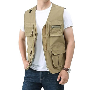 Top Selling Men Khaki Colour Cotton Multiple Pockets Utility Cargo Vests With Back Mesh Lining For Sale Men Utility Vests