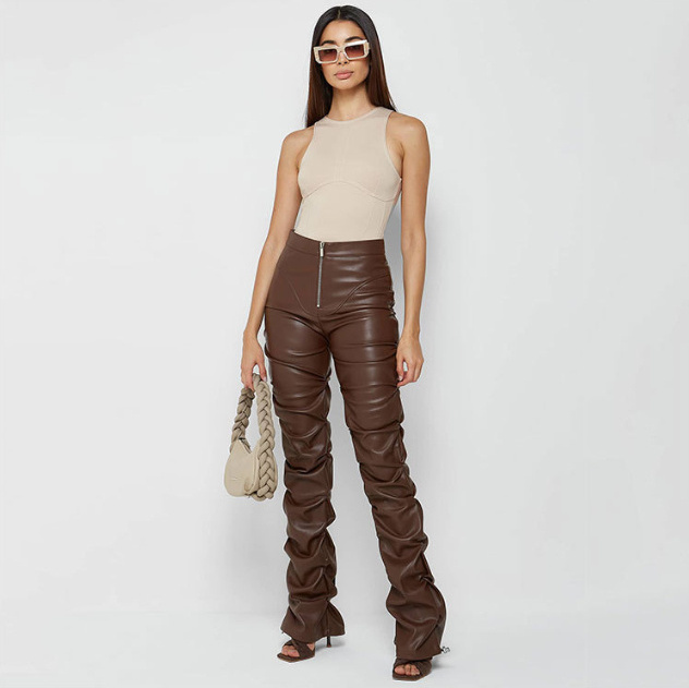 Four Seasons New Women's Fashion Tight Pu Leather Long Flared Pants