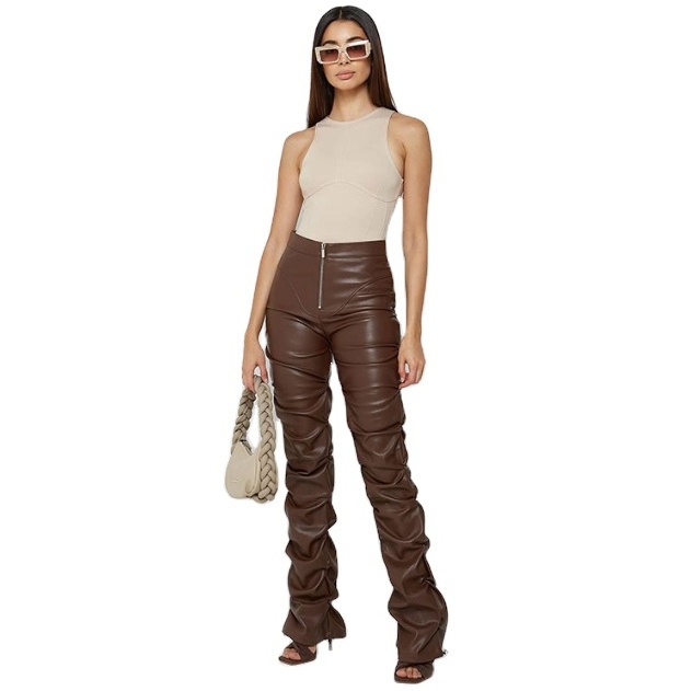 Four Seasons New Women's Fashion Tight Pu Leather Long Flared Pants