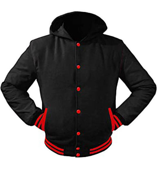 Men's Hood Baseball Varsity Jacket Sports Club Baseball Hooded Red and Black Varsity Jacket Men College Baseball Jacket with Hoo