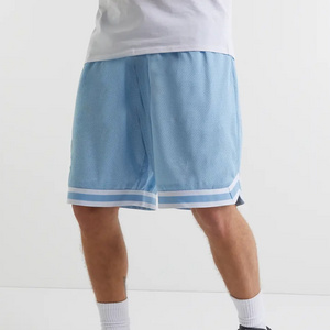 SKy blue classic printed blank shiny breathable medium above the knee customable men's embroidery basketball shorts with pockets