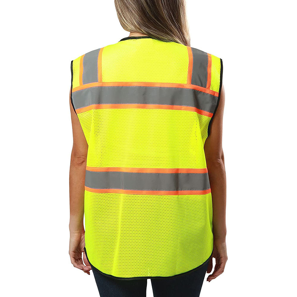 OEM Women Hi Vis Reflective Zipper Workwear Vest 2 Tone Mesh Multi Pockets Working Vest For Construction Traffic Warning Jacket