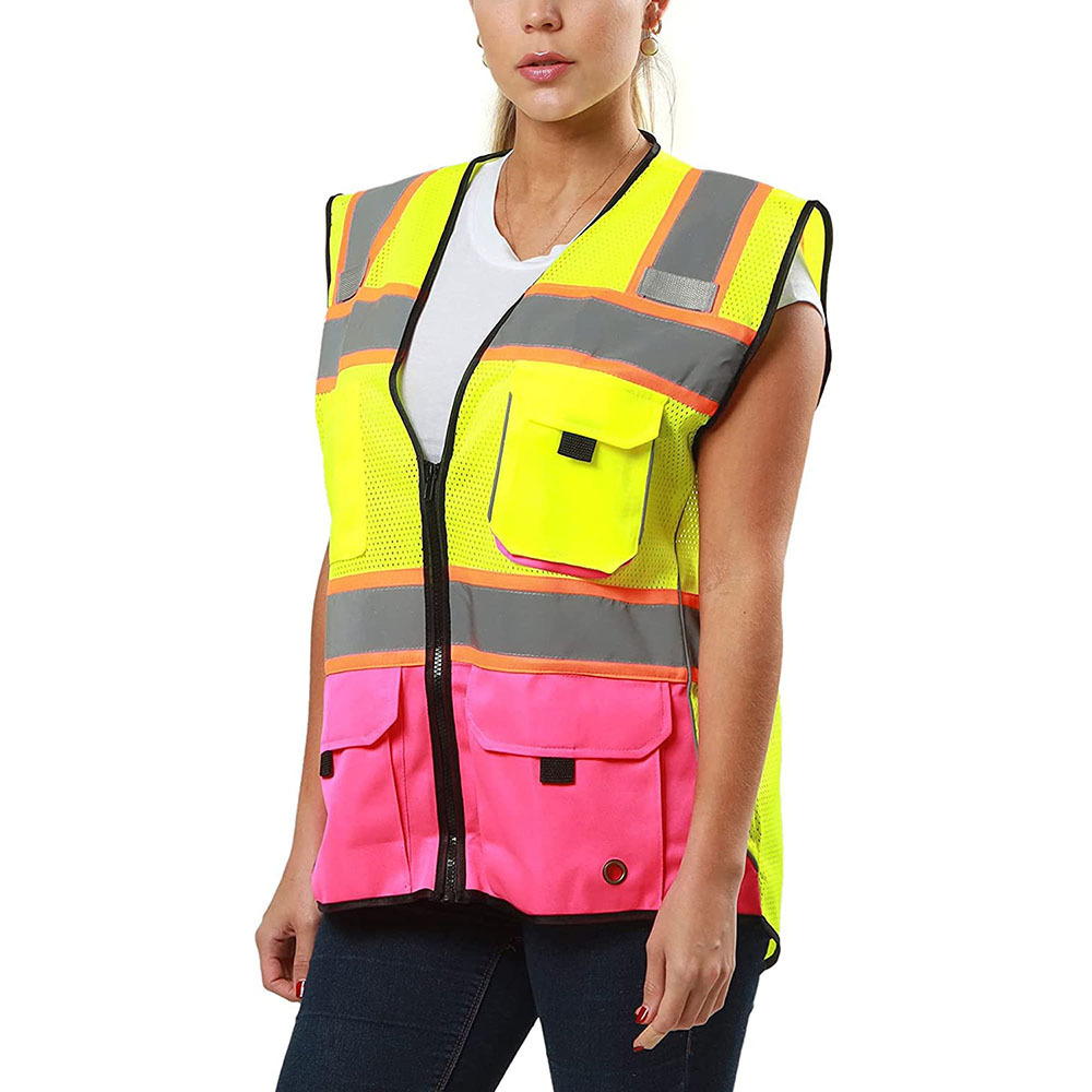 OEM Women Hi Vis Reflective Zipper Workwear Vest 2 Tone Mesh Multi Pockets Working Vest For Construction Traffic Warning Jacket