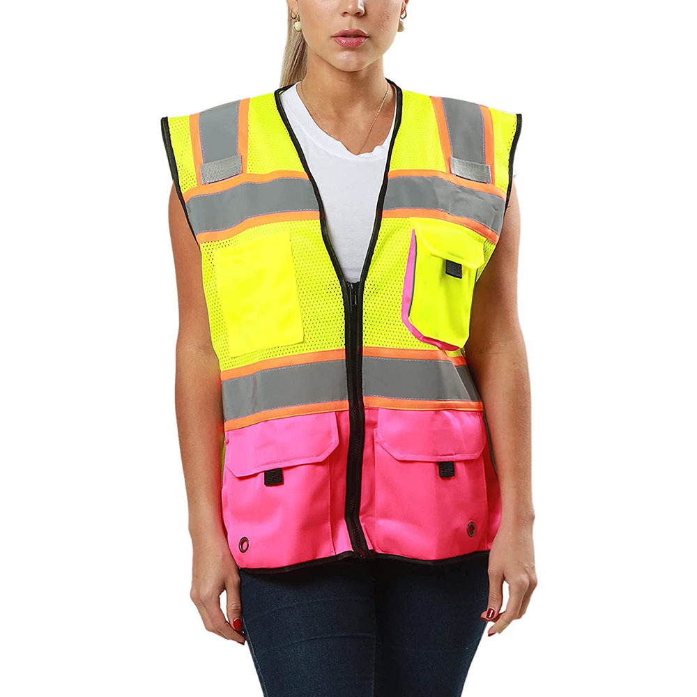 OEM Women Hi Vis Reflective Zipper Workwear Vest 2 Tone Mesh Multi Pockets Working Vest For Construction Traffic Warning Jacket