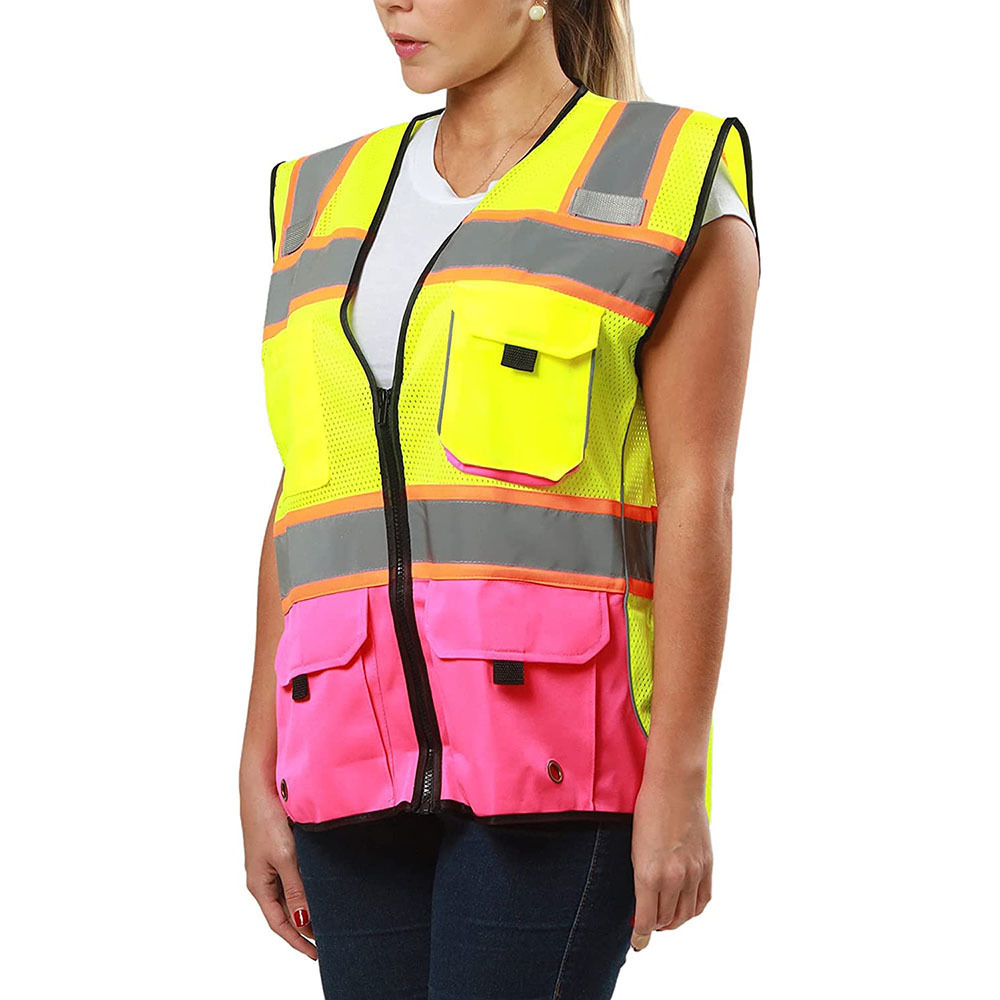 OEM Women Hi Vis Reflective Zipper Workwear Vest 2 Tone Mesh Multi Pockets Working Vest For Construction Traffic Warning Jacket