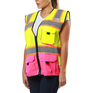 OEM Women Hi Vis Reflective Zipper Workwear Vest 2 Tone Mesh Multi Pockets Working Vest For Construction Traffic Warning Jacket