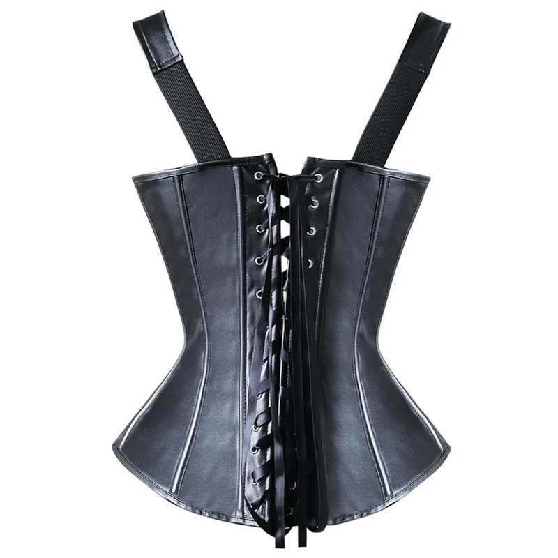 New Black Mature Women Push Up Chest Binder Bustier Slimming Corsets Shapewear Synthetic Leather Corset Top With Zipper