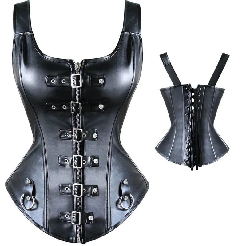 New Black Mature Women Push Up Chest Binder Bustier Slimming Corsets Shapewear Synthetic Leather Corset Top With Zipper