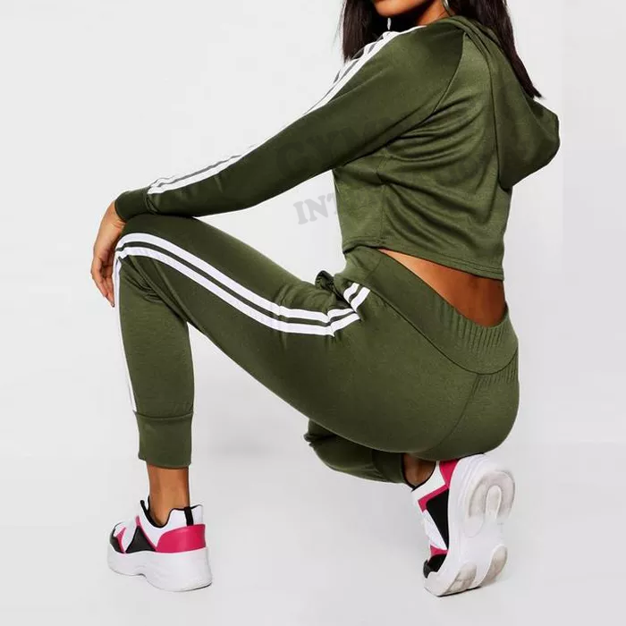 Hot Sexy Slim Fit Crop Hoodie Tracksuit Set Women's Trendy Sweat Track Suit 2023 Stripped Green Color Unisex Tracksuits