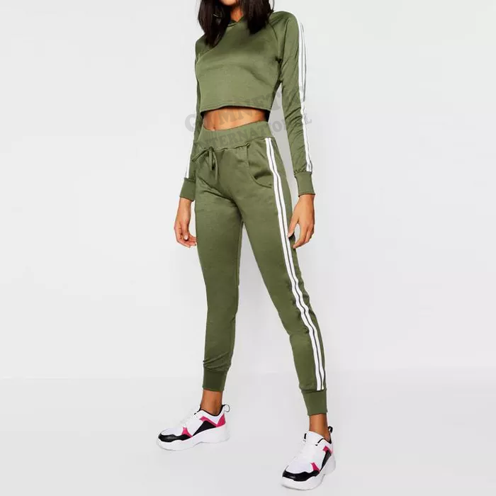 Hot Sexy Slim Fit Crop Hoodie Tracksuit Set Women's Trendy Sweat Track Suit 2023 Stripped Green Color Unisex Tracksuits