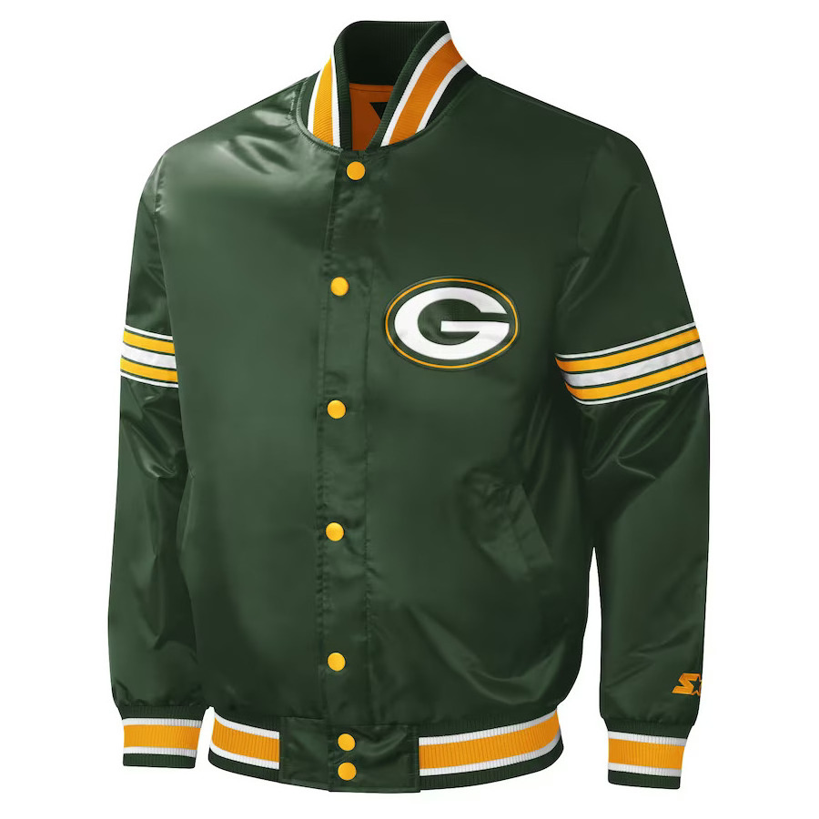 Green Bay Packers Starter Green Midfield Satin Full-Snap Varsity Jacket warm Polyester Jacket for both genders