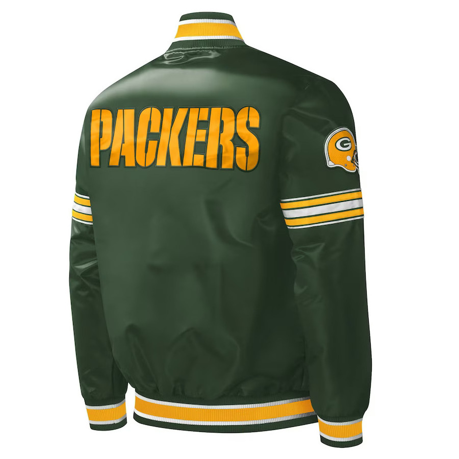 Green Bay Packers Starter Green Midfield Satin Full-Snap Varsity Jacket warm Polyester Jacket for both genders