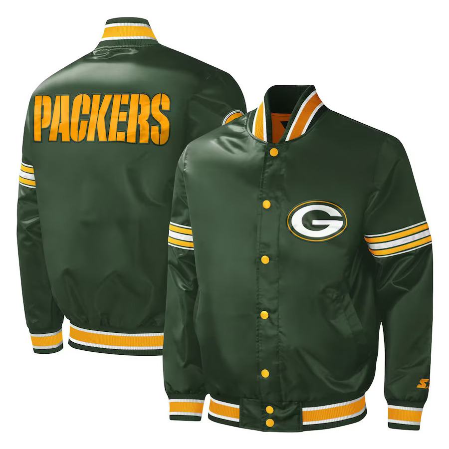 Green Bay Packers Starter Green Midfield Satin Full-Snap Varsity Jacket warm Polyester Jacket for both genders