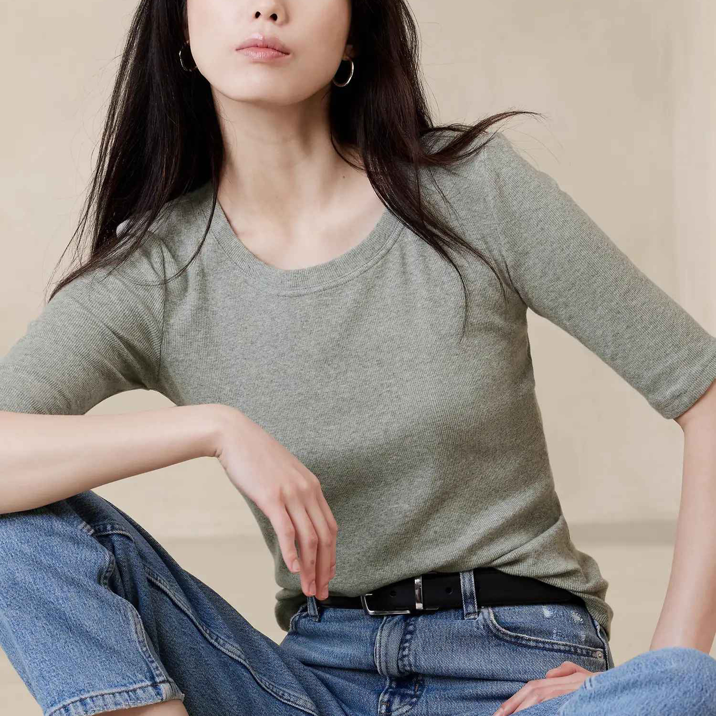 High quality Breathable cotton women's t-shirts RIBBED ELBOW SLEEVE T-SHIRT Crew neck Elbow length sleeves Straight hem Custom