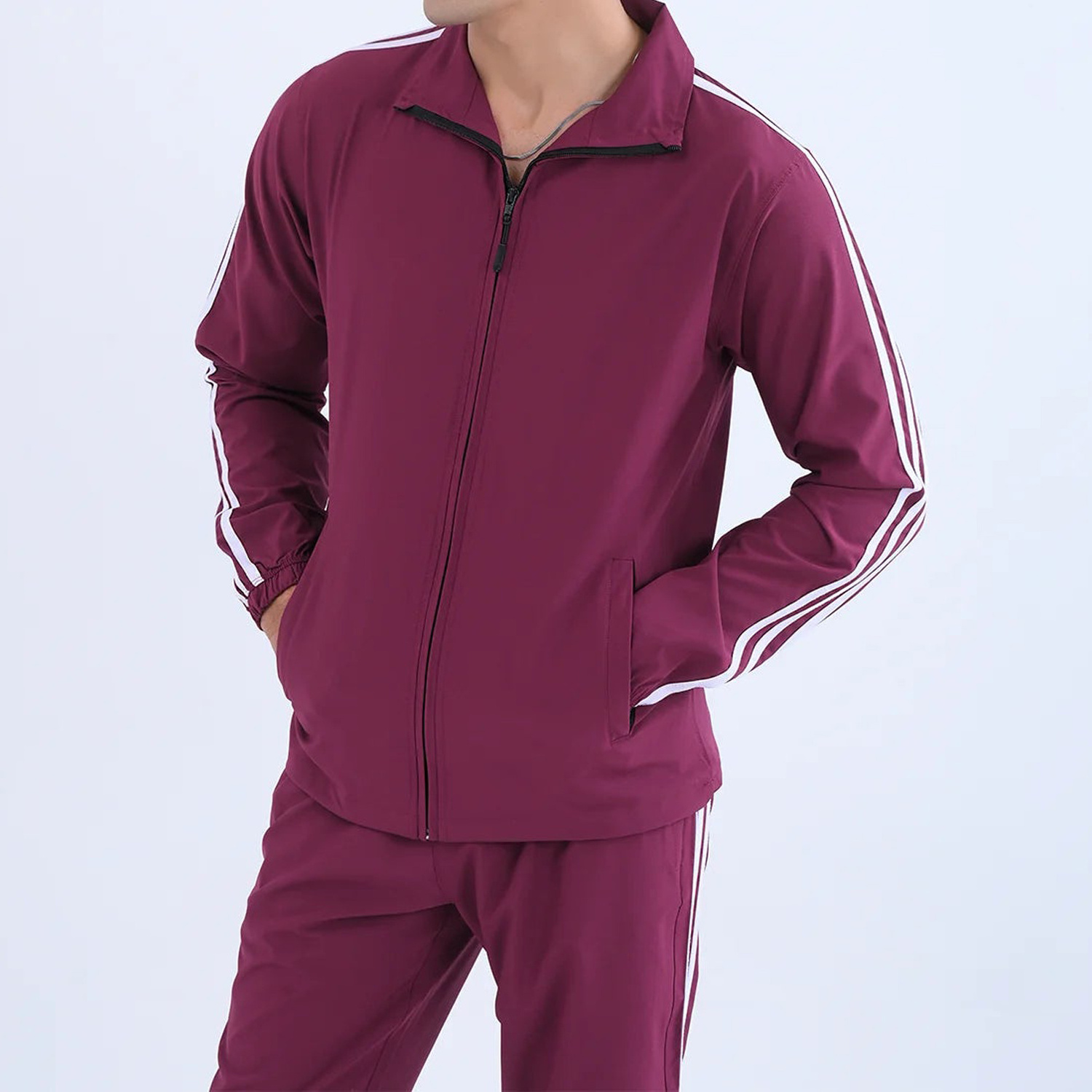 Customized Logo Design Printed Long Sleeve Maroon Color Fashionable Stand up Caller blank Sports Fitness Tracksuits