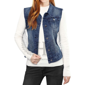 Trendy Women's Buttoned Washed Denim Vest Jacket with Chest Flap Pockets - Fashionable Sleeveless Outerwear Casual Chic Looks