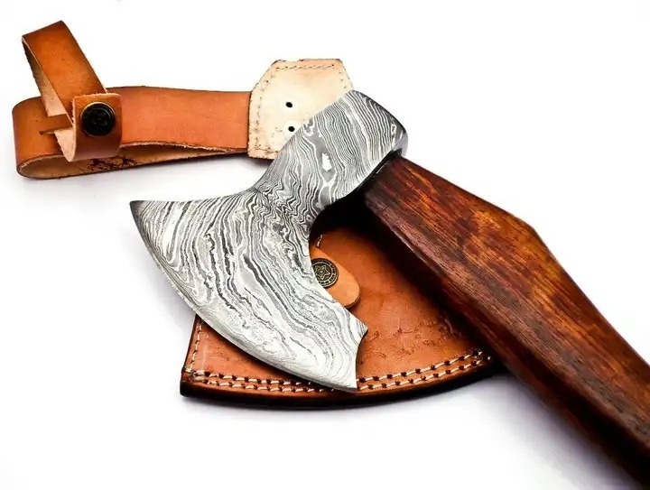 Handmade Damascus Steel Viking Axe Tactical Axe Bearded Axe Survival With leather sheath