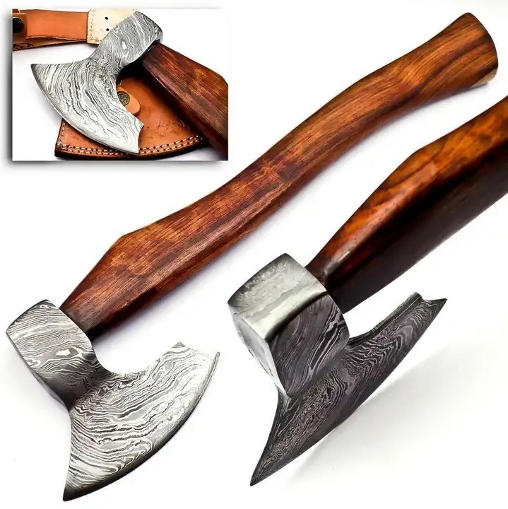 Handmade Damascus Steel Viking Axe Tactical Axe Bearded Axe Survival With leather sheath