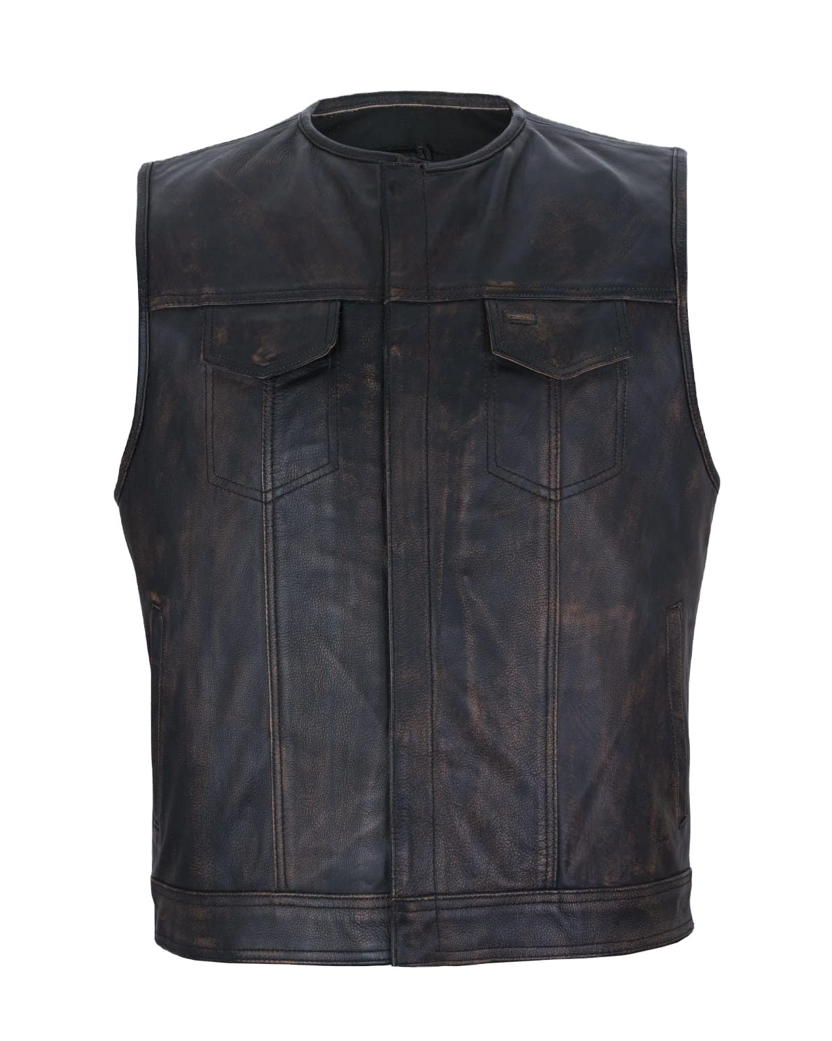 Mens Distressed Brown Club Leather Vest Black Liner Zipper & Snaps Leather Custom Waistcoat Waxed Motorbike Vest