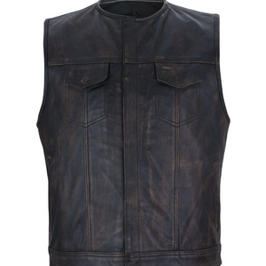 Mens Distressed Brown Club Leather Vest Black Liner Zipper & Snaps Leather Custom Waistcoat Waxed Motorbike Vest