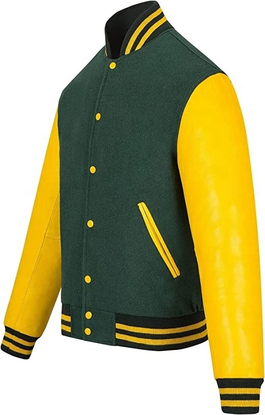 New Customized Green Yellow Varsity jackets Wool body Blank Chenille Embroidery outdoor fashion jackets regular fit baseball jac