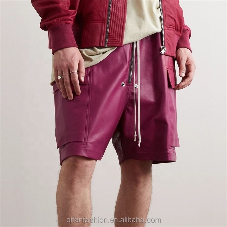 New 2024 Custom drawstring exposed zip cargo pockets leather shorts for men