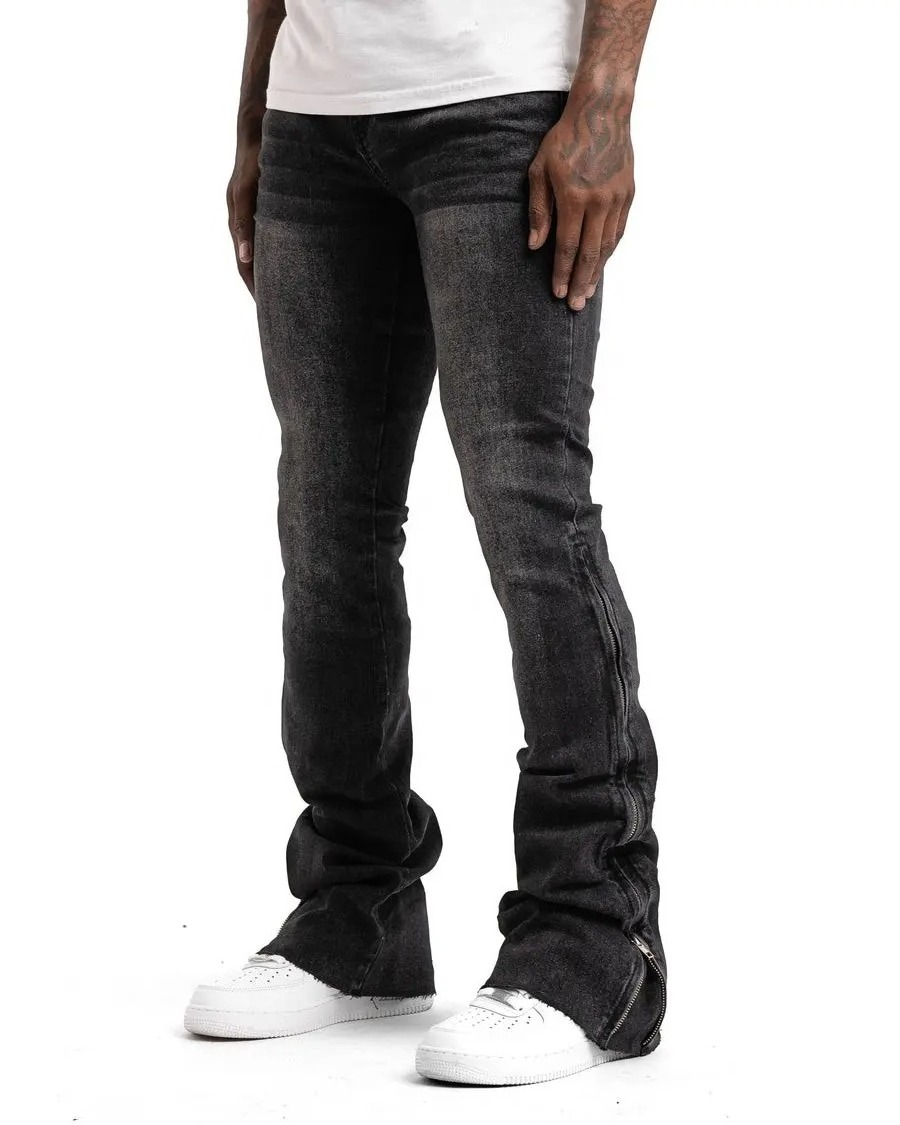 New Streetwear Flared Zip Bottom Design Custom Denim Jeans Pant Men's Jeans Homme Slim Fit Denim Stacked Jeans For Men