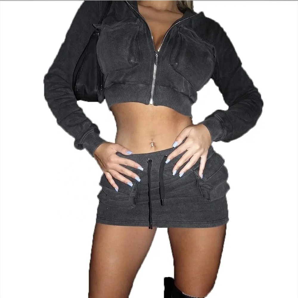 Women's Sexy Cargo Pockets Ladies Mini Skirts and shorts sets Acid Washed Crop Hoodie and Skirt Set Women clothing Mini Skirt