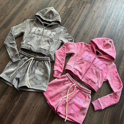 Two Piece Women Clothes Cotton Fitted Zipper short Tracksuit Embroidery Patch Sweatsuits Cropped Hoodie And Shorts Sets Women's