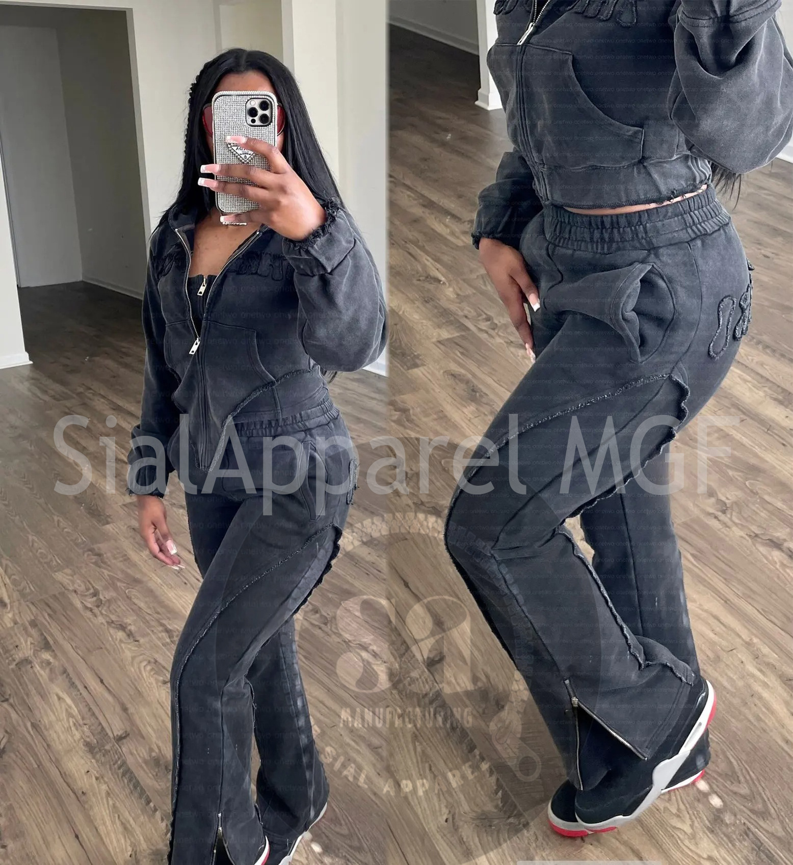 3 Pieces Sports Cargo Sweatpants And Hoodie Set Cotton French Terry Embroidery Crop Acid Wash Sweatsuit Tracksuit For Women