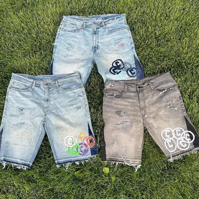 Custom Private Label High Quality Heavy Weight Distressed Flared Denim Shorts For Men Jean Shorts men's