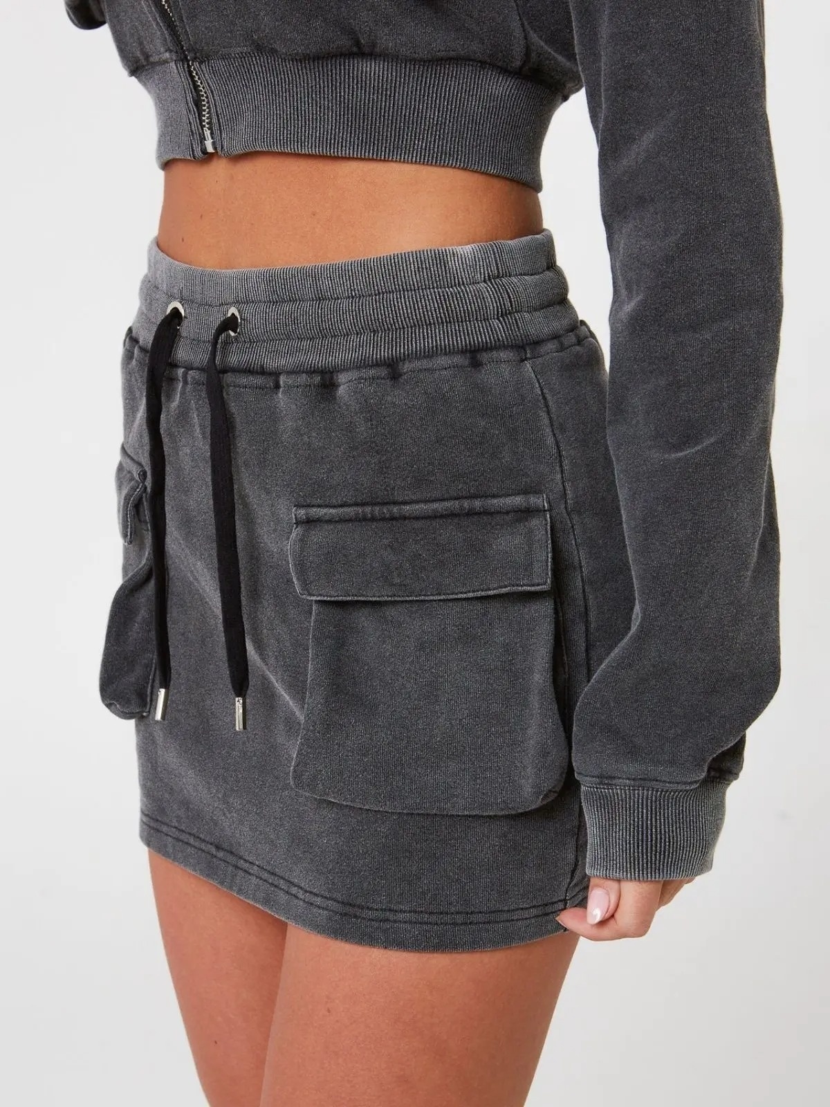 Women's Sexy Cargo Pockets Ladies Mini Skirts and shorts sets Acid Washed Crop Hoodie and Skirt Set Women clothing Mini Skirt