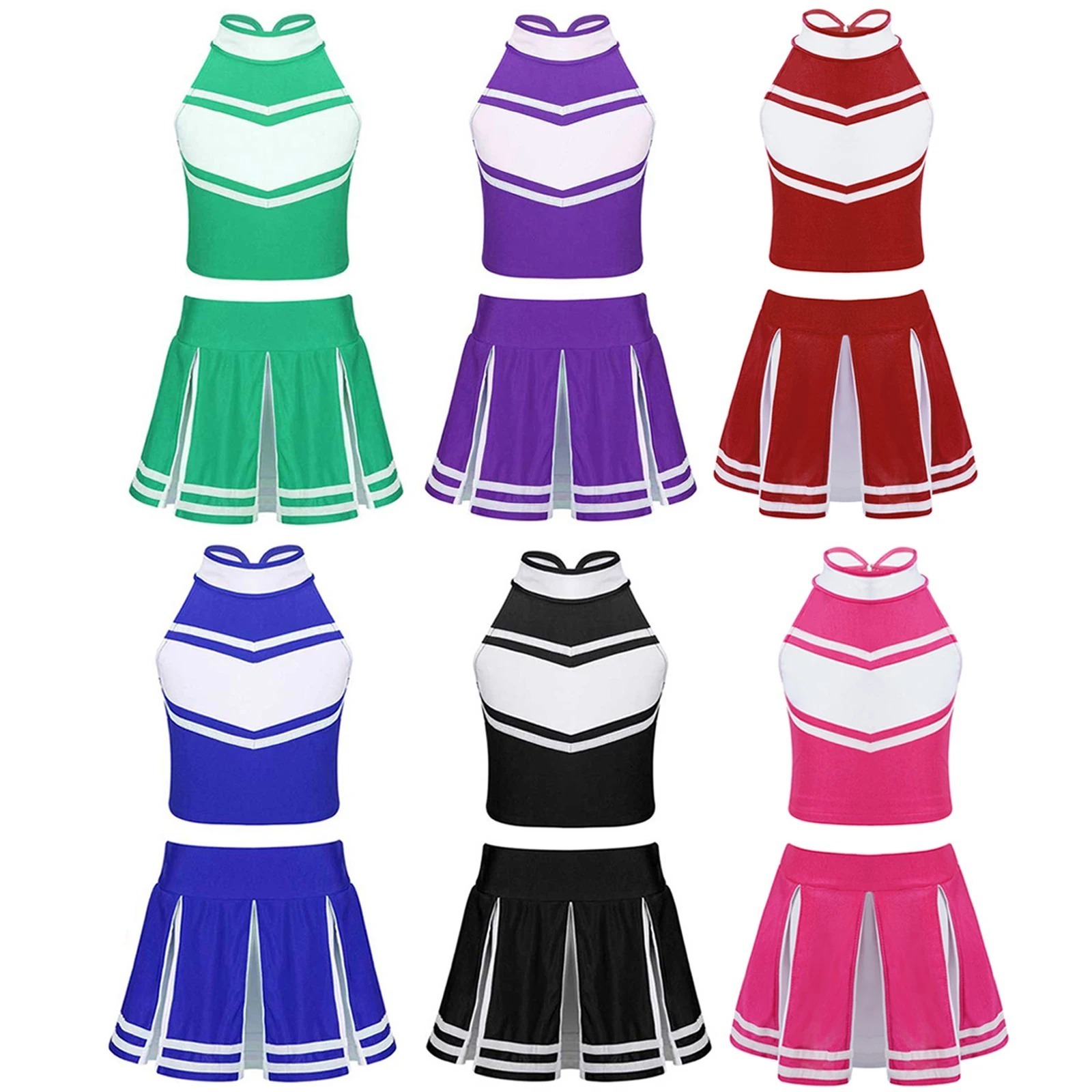 Girls Cheerleading Costume Cheerleader Outfit Sleeveless Zippered Tops with Pleated Skirt School Stage Performance Clothes