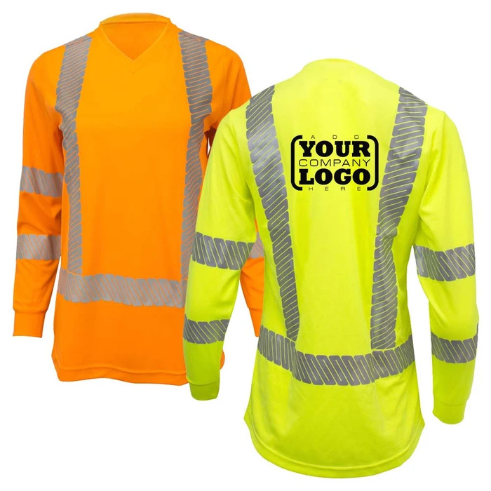 High Visibility Women OEM Long Sleeve Reflective road safety black and green T Shirt