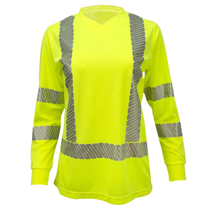 High Visibility Women OEM Long Sleeve Reflective road safety black and green T Shirt