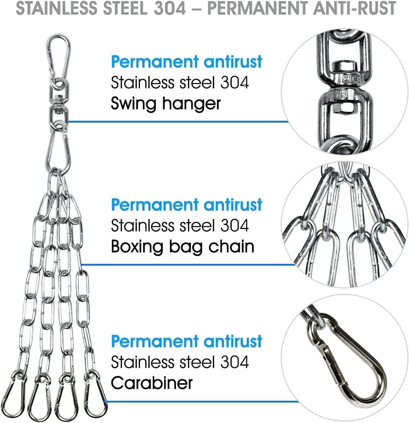 Punching Bag Hanger chain , Stainless Steel Swivel Chain with 4 Snap Hooks for Heavy Bag, Gym Swing, Trapeze, and Hammock