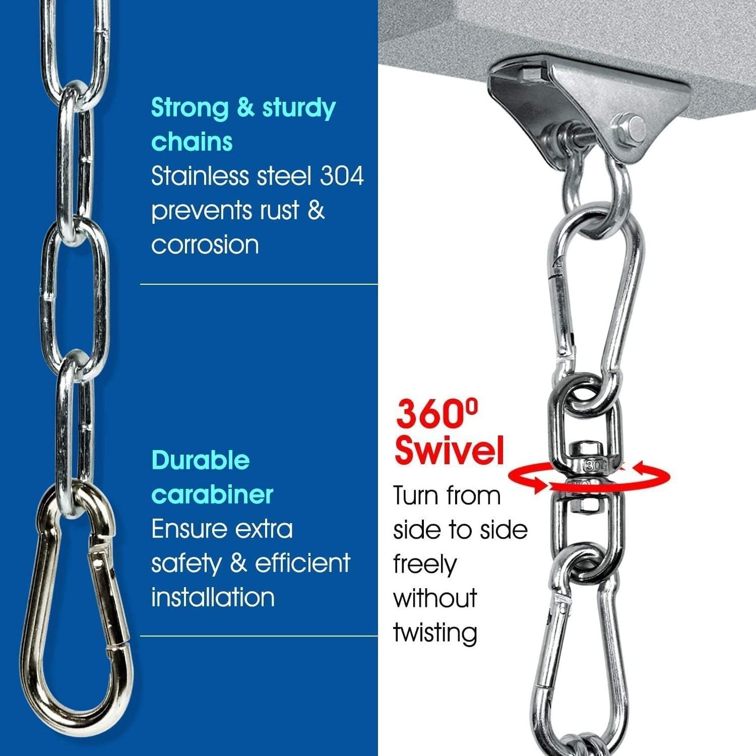 Punching Bag Hanger chain , Stainless Steel Swivel Chain with 4 Snap Hooks for Heavy Bag, Gym Swing, Trapeze, and Hammock