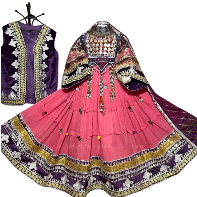 Afghan Kuchi Bridal Dress Clothing Pink and Multicolored Kuchi Wedding Couple Dress Traditional Tribal Bohemian Banjara Dresses