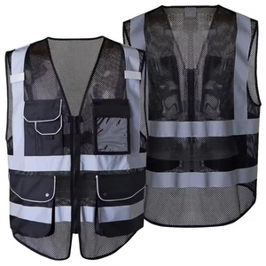 Hi Vis Safety Wear Black Four Pockets OEM Services Work Wear Mesh Fabric Vest With Pockets & Reflective Tape