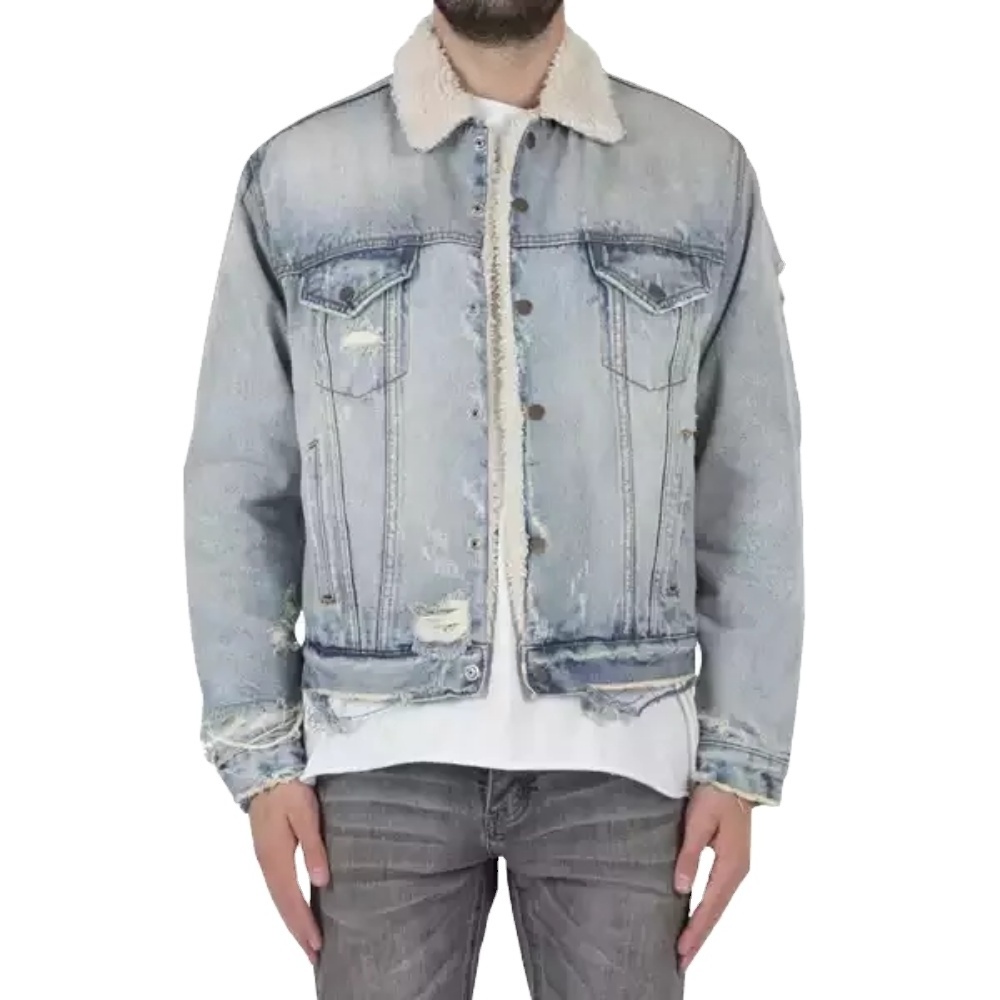 Fur Collar Men Ripped Light Blue Winter Denim Jacket Factory Manufacturing In Bulk Premium Quality Ripped Button Up Jean Jacket