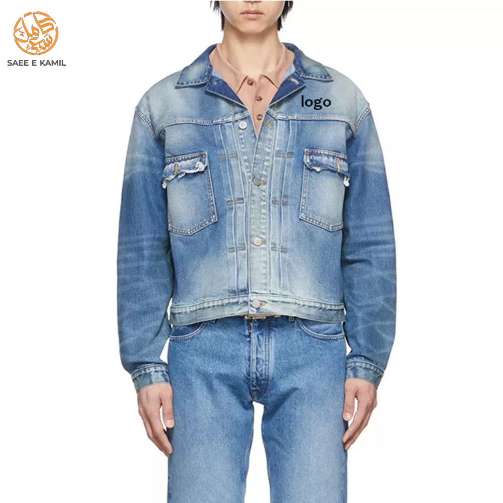 Wholesale Baggy Kangaroo Pockets Quarter Zipper Men Denim Jacket Long Sleeve Denim Cowboy Jeans Jacket For Men