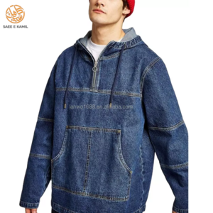 Wholesale Baggy Kangaroo Pockets Quarter Zipper Men Denim Jacket Long Sleeve Denim Cowboy Jeans Jacket For Men