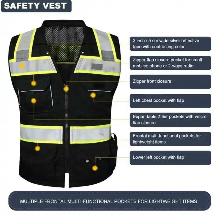 Customized Black Work Class 2 Safety Vest with Reflective Material Company Logo Pockets Custom Color Fluorescent Visibility