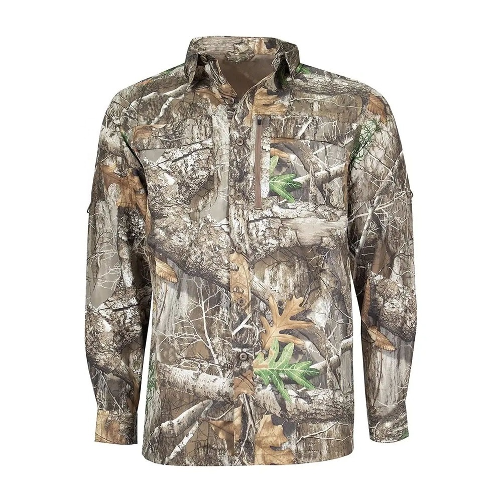 High quality long sleeve custom vintage t shirt Fishing wear mens Realtree camouflage button up collar shirt