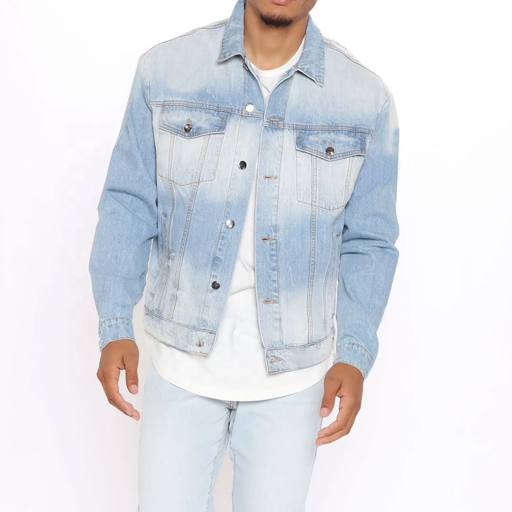 Wholesale bulk mens blue ripped distressed denim jaqueta jeans jacket