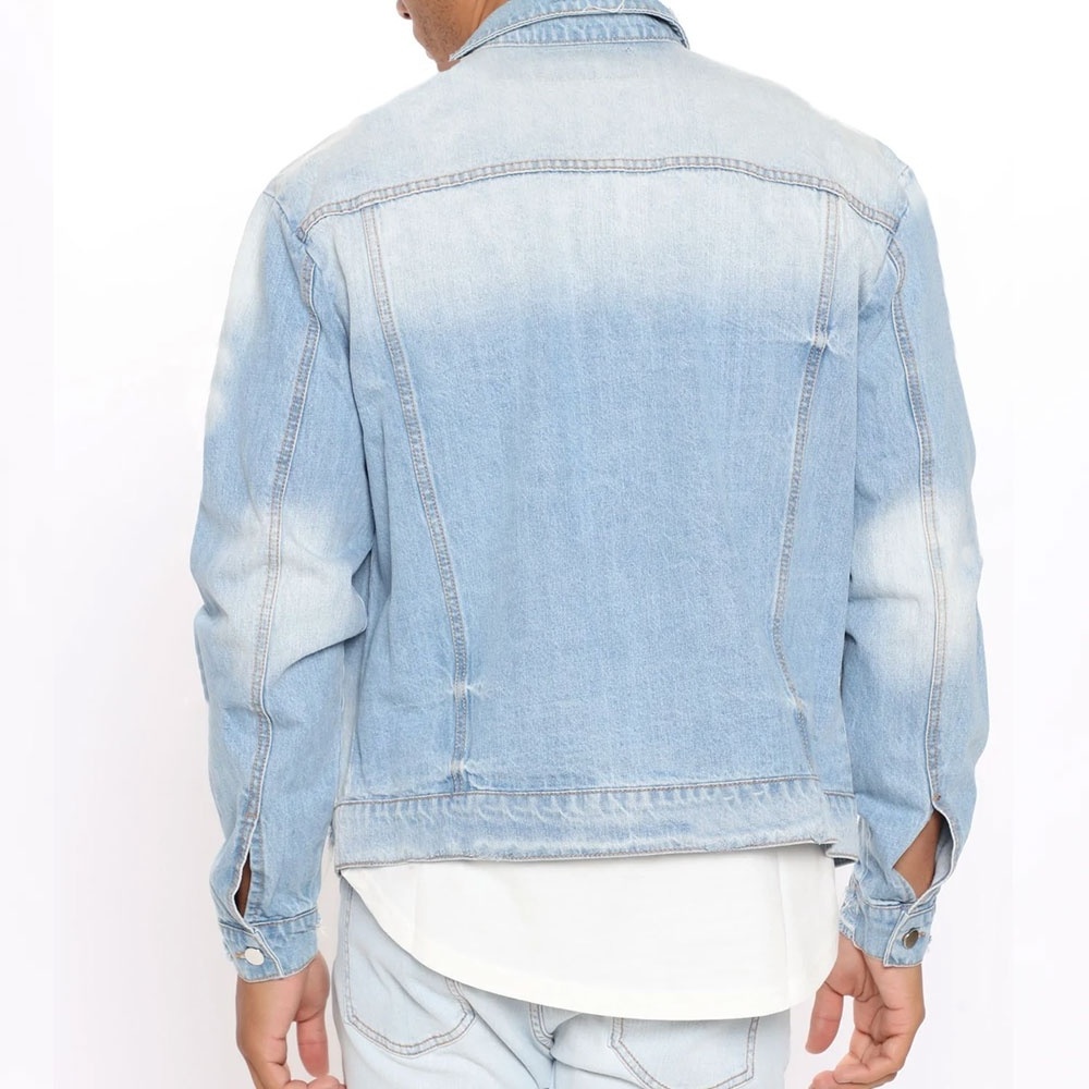 Wholesale bulk mens blue ripped distressed denim jaqueta jeans jacket