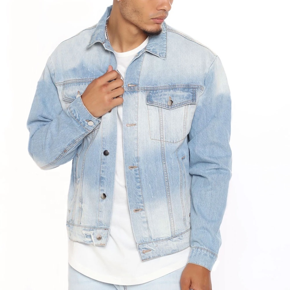 Wholesale bulk mens blue ripped distressed denim jaqueta jeans jacket