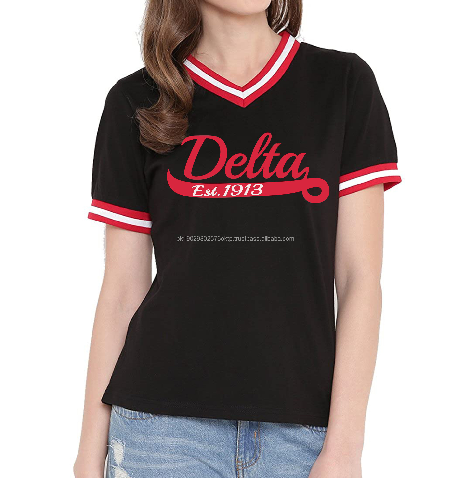 Top quality screen printing embroidery Delta Sigma Theta 1913 V-neck sorority and fraternity T-shirt