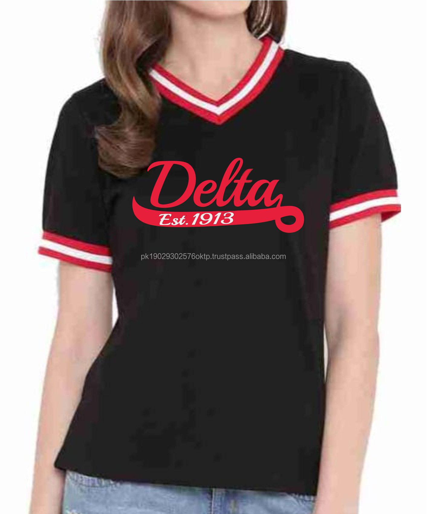 Top quality screen printing embroidery Delta Sigma Theta 1913 V-neck sorority and fraternity T-shirt