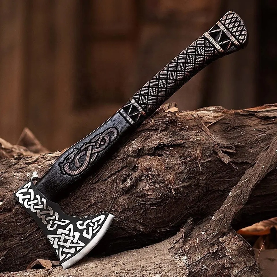 Hot Selling High Quality Viking Axes Hand Forged Engraved Handle High Carbon Steel Etched Blade Camping Tomahawk Hatchet Axe